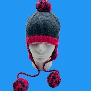 Ride Snowboards Ski Hat OS Gray Pink Knit Pom Top Ear Flap Beanie Snow Snowboard